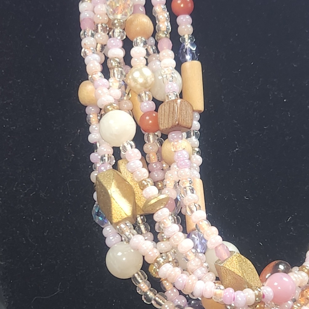 Joan Rivers Multi Strand Beaded Statement Necklace Pink Gold Wood‎ Glass Boho